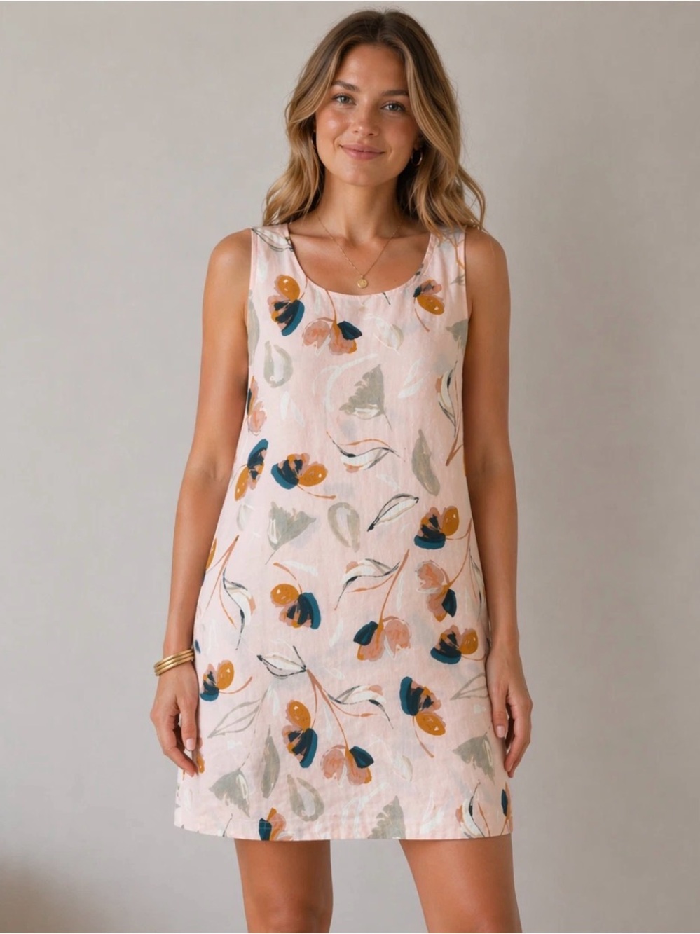 Rachel Zoe Watercolor Floral Dress Sz L Light Pink 100% Linen Lagenlook Coastal